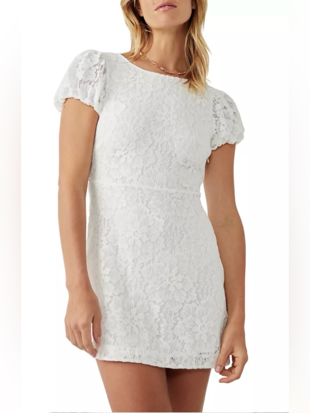 Free People Dress Large New White Lace Puff Sleeve A Line Mini NWT Hailee Bridal